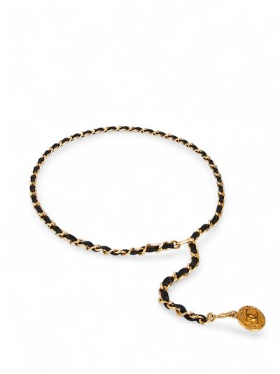 Ceinture Chanel Vintage Plaqué Or En Cuir Noir