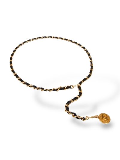 Ceinture Chanel Vintage Plaqué Or En Cuir Noir 