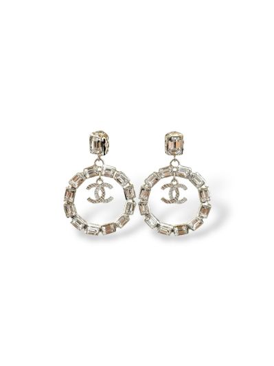 Chanel Clip Earrings with Round Embossed Design and Rhinestones