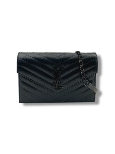 Sac Pochette Saint Laurent Wallet On Chain En Cuir De Veau Grainé Noir 