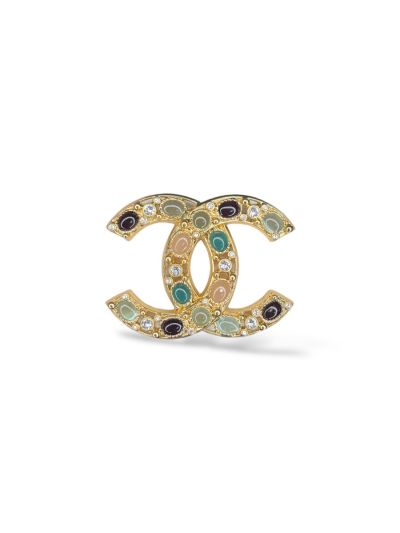 Broche Chanel CC Dorée Strass et Perles Multicolore