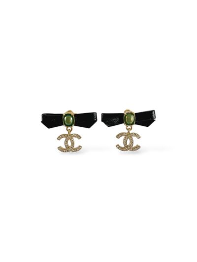 Boucles Chanel CC Strass & Détail Noeud Cuir Noir 