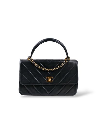 Sac à Main Chanel Vintage Chevron Flap En Cuir Noir 