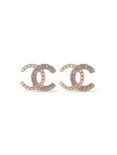 Boucles D'oreilles Chanel Double CC Strass Dorée 