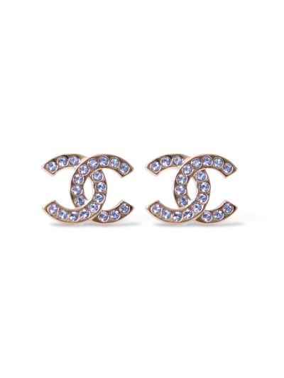 Boucles D'oreilles Chanel Double CC Champagne Strass Bleu 