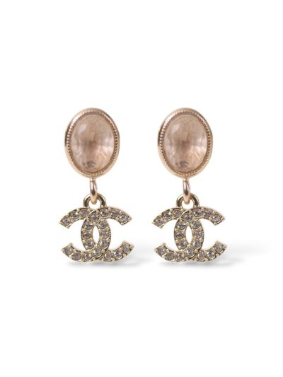 Boucles D'oreilles Chanel Pendantes Double CC Strass Rose 