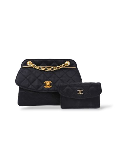 Sac à Rabat Chanel Vintage Satin Matelassé Cuir Noir