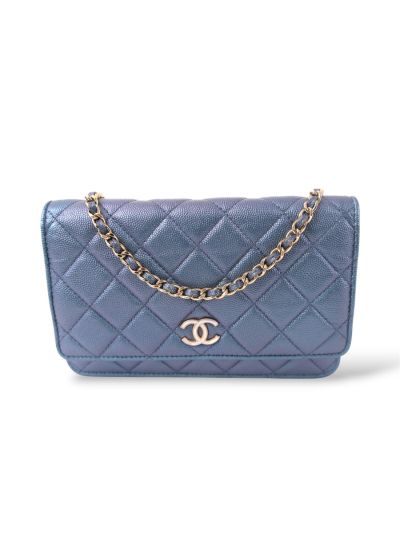 Sac à Bandoulière Chanel Wallet On Chain Cuir Caviar Bleu Métallique 