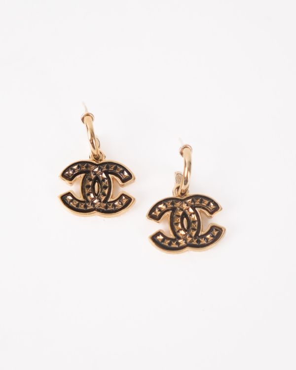 Boucles D'Oreilles Chanel Doré CC Pendantes Matelassées Bronze 