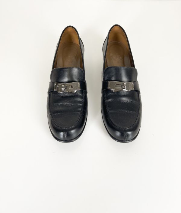 Mocassins Hermès Destin Cuir Noir Boucle Kelly 38