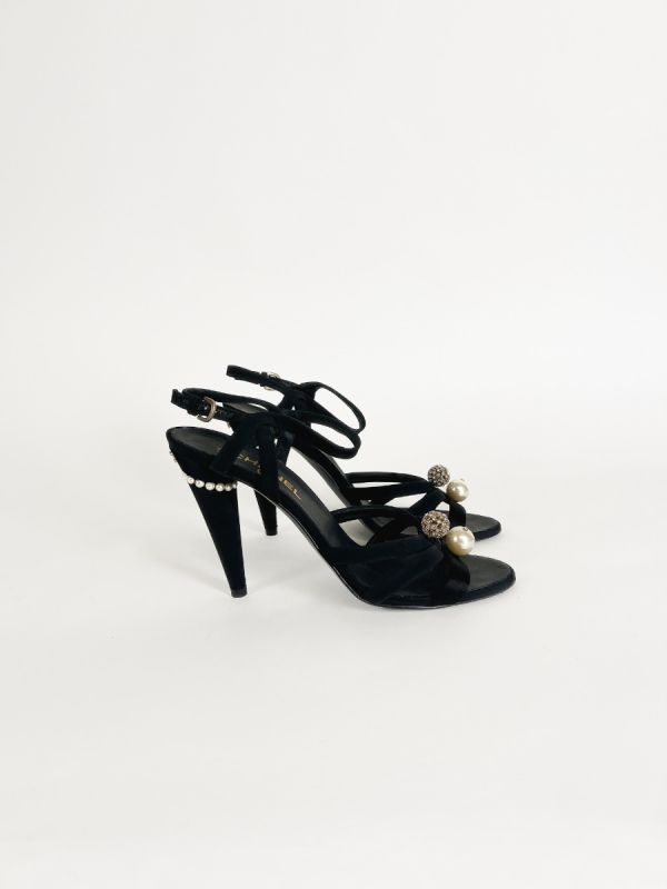 Sandales À Talon Chanel Satin Noir À Perles Pointure 41.5