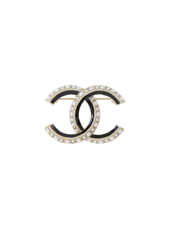 Broche Chanel Bicolore À Perles Et Email Noir