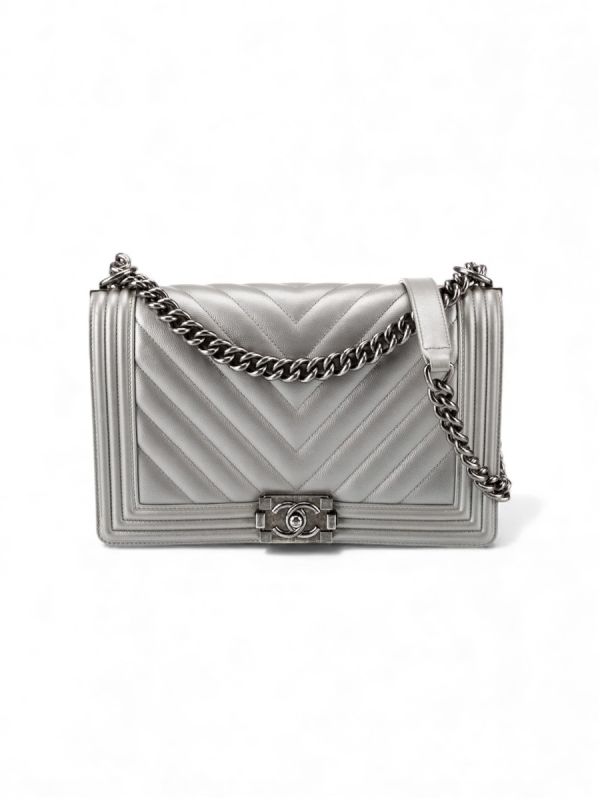 Sac Chanel Boy Large En Cuir Matelassé Gris