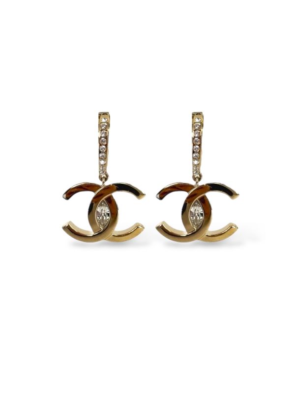 Boucles CC Pendantes Dorées Strass
