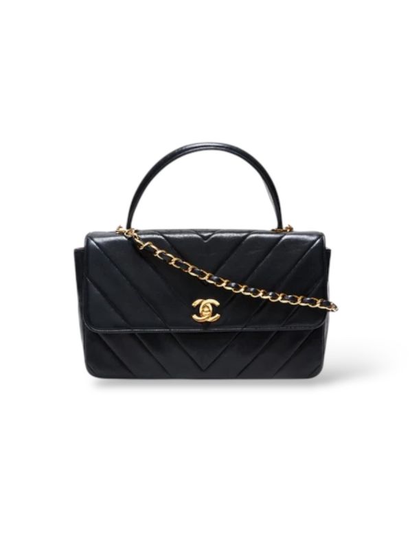 Sac à Main Chanel Vintage Chevron Flap En Cuir Noir