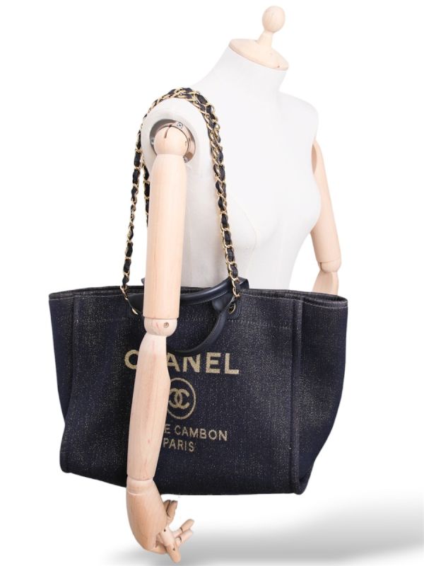 Sac Cabas Chanel Deauville En Toile Denim Bleu Foncé 