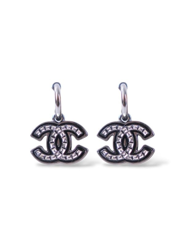 Boucles D'oreilles Chanel Double CC Noires pendantes