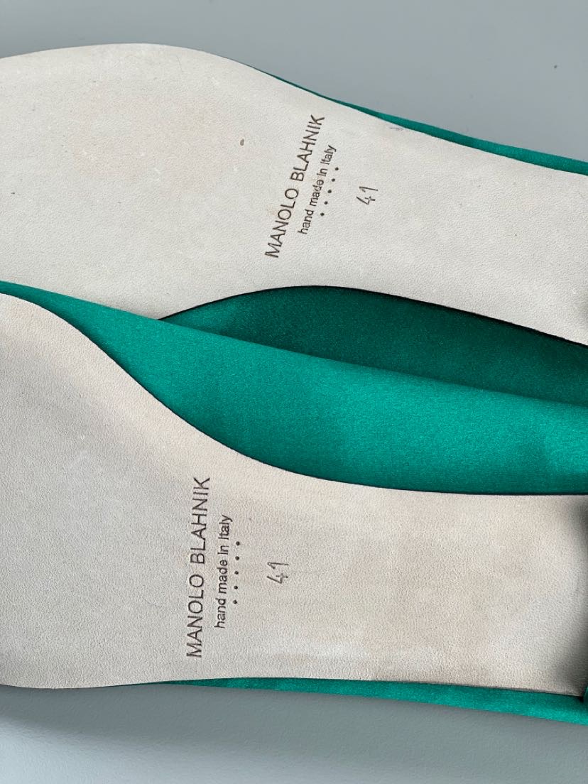 Manolo Blahnik Hangisi Green Point-Toe Flats | Myzah