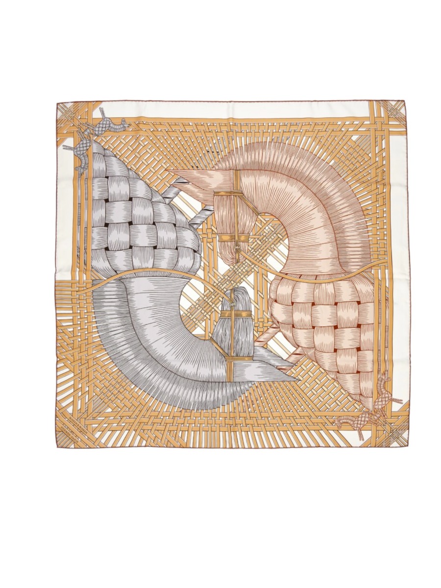 Silk Scarf 90 Hermès Masan Masan Brown, Beige, and White | Myzah